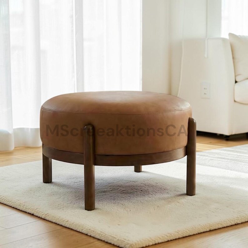 Modern PU Leather Ottoman Footrest Bench with Solid Wood Legs, Single Seat Foot Stool for Living Room Bedroom