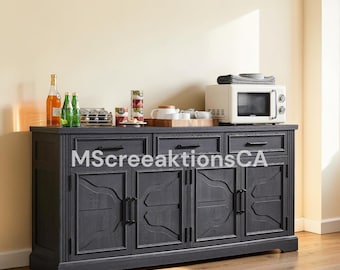Farmhouse Buffet Cabinet 66 Inch, Sideboard Credenza with 4 Doors 3 Drawers Adjustable Shelves Coffee Bar for Dining Living Room