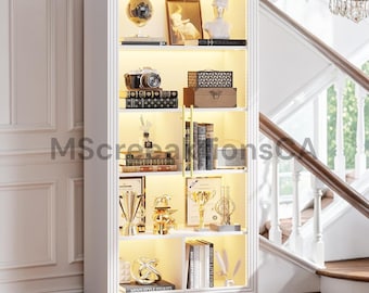 Display Cabinet with Glass Doors and LED Lights, 65 Inch 5 Tier Bookcase Adjustable Shelves for Collectibles Living Room Office