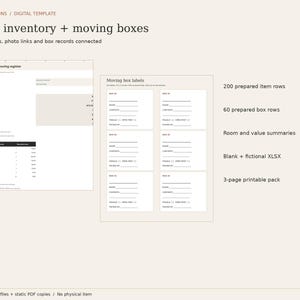 May include: A digital template for home inventory and moving boxes featuring a register and printable labels. Text includes Studio Editions, Home inventory + moving boxes, 200 prepared item rows, 60 box rows, and 3-page printable pack.