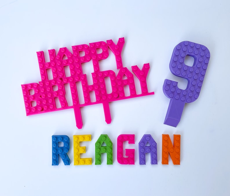 Ultimate Personalized Brick Celebration Cake Topper Set Custom Happy Birthday Sign, Name and Numbers image 3