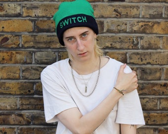 Reversible SWITCH BEANIE, graphic beanie hat, green and navy, bright, fun, queer fashion