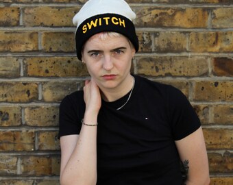 Reversible SWITCH BEANIE, graphic beanie hat, black and white, bright, fun, queer fashion