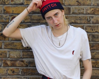 Reversible SWITCH BEANIE, graphic beanie hat, red and navy, bright, fun, queer fashion