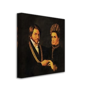 May include: A painting of a couple in formal attire. The man is wearing a black suit with a gold chain and the woman is wearing a black dress with a gold crown and necklace.