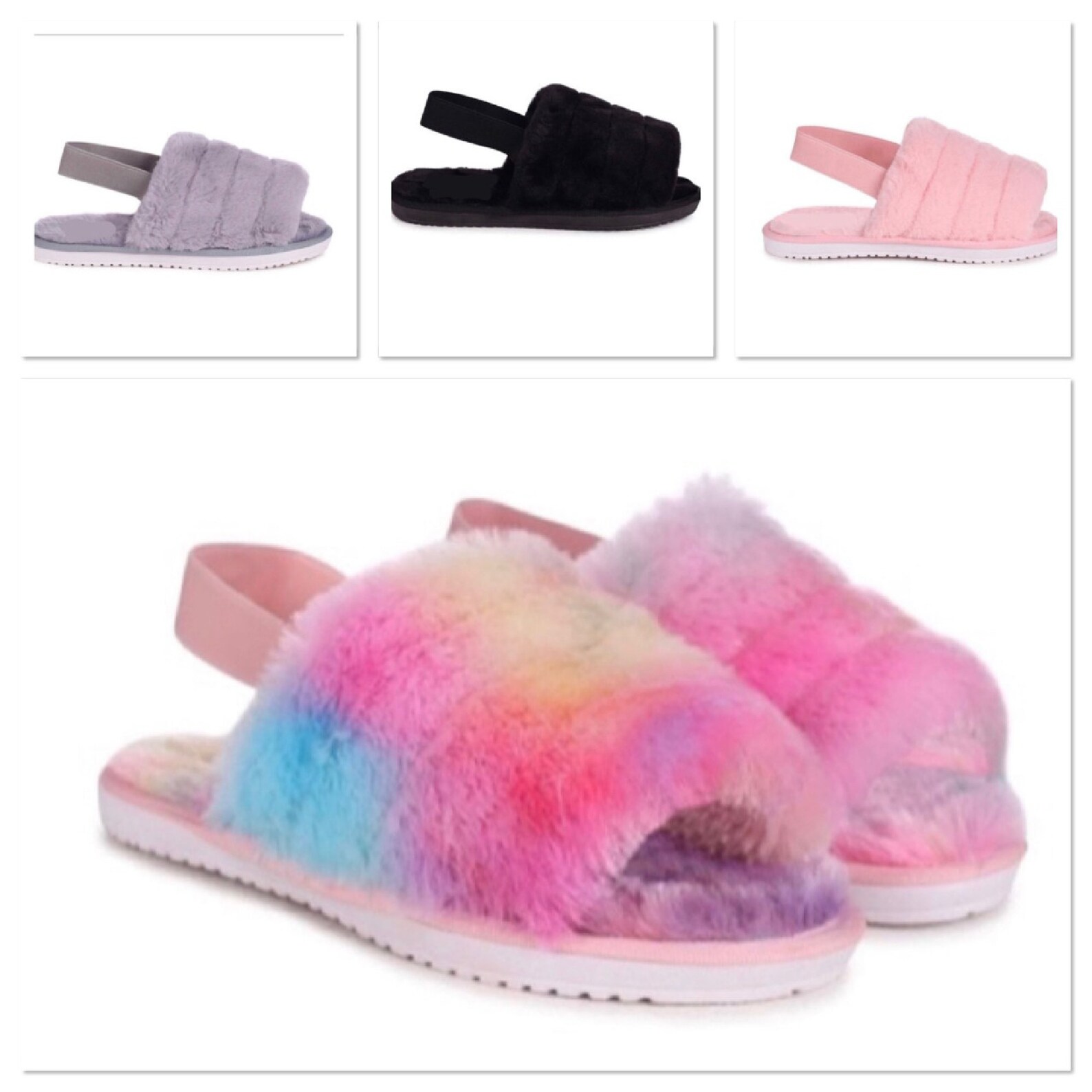 Womens' Warm Fluffy Fur Sliders Slippers Slip On Flat Etsy