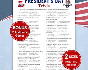 Presidents Day Trivia Game, US Presidents Printable Quiz, US History Activity, Fun Patriotic Games, Bonus Presidential Couples, Money Match