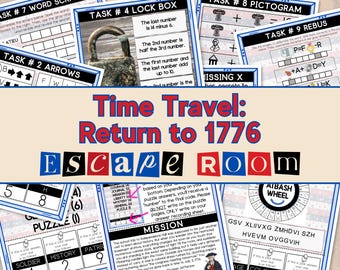 Escape Room con viaggio nel tempo per bambini, gioco stampabile per il Giorno dell'Indipendenza con 9 puzzle, kit per feste in escape room del 4 luglio, 250 attività negli Stati Uniti
