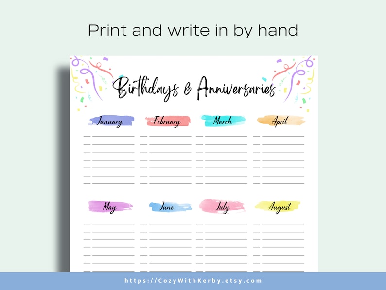 Birthday &amp; Anniversary Tracker Printable Fillable PDF Birthday Calendar ...