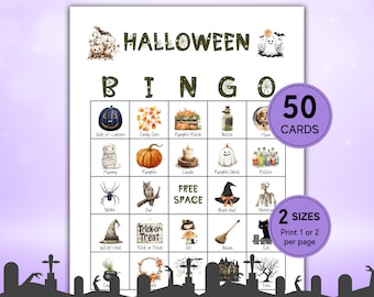 May include: Halloween Bingo game card with watercolor illustrations of pumpkins, ghosts, and other spooky images. The card includes the text "Halloween Bingo" and "50 Cards". The card is available in 2 sizes.