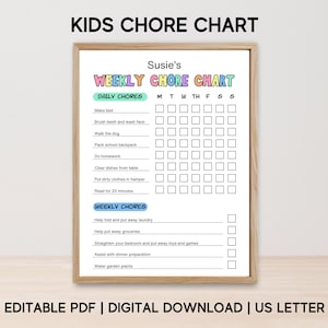 Editable Chore Chart for Kids, Printable Daily & Weekly Kids Chore Responsibility Chart, Kids Routine Checklist, Chore Chart for Children