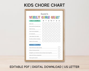 Editable Chore Chart for Kids, Printable Daily & Weekly Kids Chore Responsibility Chart, Kids Routine Checklist, Chore Chart for Children