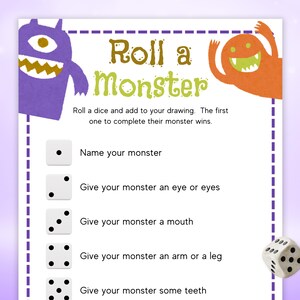 Op de afbeelding: Een afdrukbaar spelblad "Roll a Monster" met een paarse monsterillustratie. Het spel houdt in dat je een dobbelsteen gooit en kenmerken toevoegt aan een monstertrekking. Bevat instructies en aanwijzingen voor het maken van monsters.