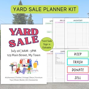 May include: A yard sale planner kit with a sign and organizational sheets. The sign reads "YARD SALE" in red and blue, with the date, time, and address. Includes sections for pricing, inventory, and supplies, plus "Keep, Trash, Donate, Sell" labels.