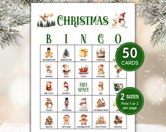 May include: A Christmas Bingo game card with a green and white design. The card features illustrations of Christmas-themed items like a snowman, Santa, and gingerbread men. The text "Christmas Bingo" is at the top, with "50 Cards" and "2 Sizes" indicated.