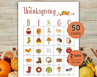 May include: Thanksgiving Bingo game card with colorful illustrations of fall-themed items like a cupcake, acorn, and sweater. The card includes the text "Thanksgiving Bingo", "50 Cards", and "2 Sizes".