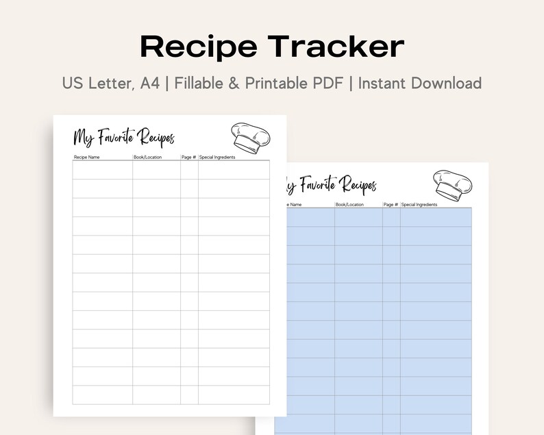 Editable Recipe Tracker Printable PDF, Fillable Recipe Log, Favorite ...