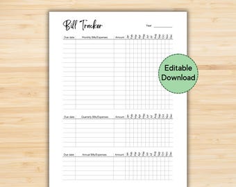 Puede incluir: Una plantilla de seguimiento de facturas en papel blanco con texto y líneas de cuadrícula en negro. El documento incluye secciones para facturas mensuales, trimestrales y anuales, con columnas para fecha de vencimiento, gastos, importe y meses. Un círculo verde dice Editable Download.