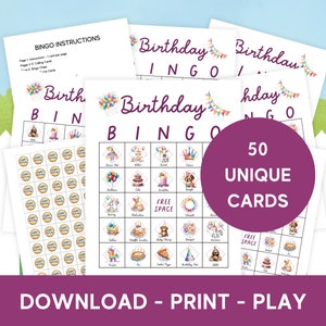 Juego de bingo de cumpleaños para imprimir • 50 tarjetas de bingo únicas • Actividad para familias, niños, adolescentes y personas mayores • Juego de fiesta • PDF (descarga instantánea)