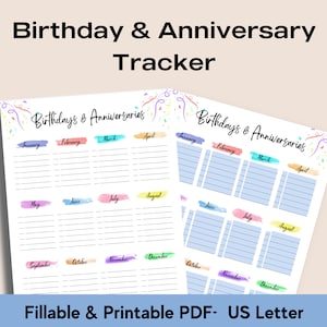 Birthday & Anniversary Tracker Printable • Fillable PDF Birthday Calendar • Birthday Tracker Printable • Birthday and Anniversary Reminder