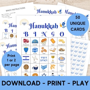 Activité imprimable de jeu de bingo-test de Hanoucca pour la famille, les enfants, les adolescents et les personnes âgées, bingo-test des Fêtes, jeu de fête de Hanoucca avec 50 cartes de bingo uniques