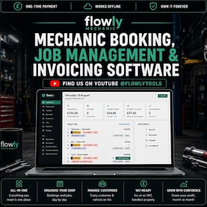 May include: A laptop displaying Flowly Mechanic software for booking, job management, and invoicing. The screen shows a dashboard with revenue, jobs, and customer data. A black mug with the Flowly logo and metal tools sit on the desk.