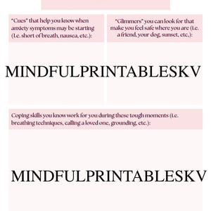 May include: A printable anxiety coping plan worksheet with pink background and black text. The worksheet includes sections for "Cues", "Glimmers", and "Coping Skills".