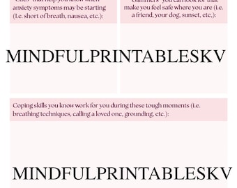Puede incluir: Una hoja de trabajo imprimible de plan de afrontamiento de la ansiedad con fondo rosa y texto negro. La hoja de trabajo incluye secciones para "Cues", "Glimmers" y "Coping Skills".
