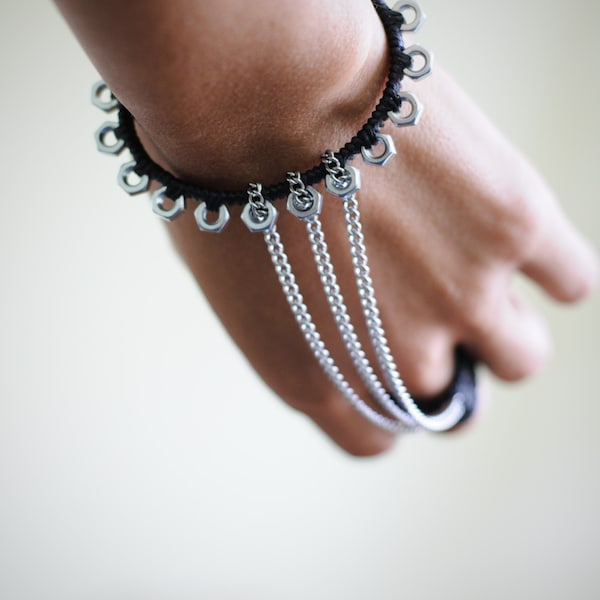 Black and silver cuff bracelet, black crochet ring, SeeloStudio