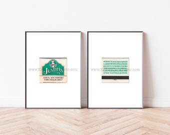 May include: Two framed vintage matchbook covers. The left cover is white with green text and a cartoon donkey. The text reads "Justins 3358 N. Southport Chicago, IL 60657". The right cover is white with green text that reads "Perfect Cocktails, a Beer Garden with Satellite TV, Has Sixty the Best of Mo,  Thurs. Serving Lunch with a Late Night Grill, It's Where You'll Find at Justins".