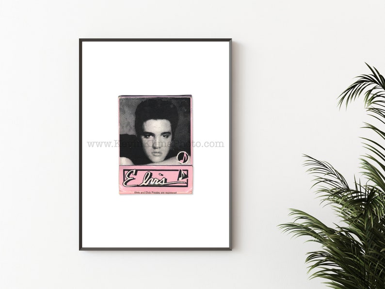 May include: A black and white photo of Elvis Presley on a pink and white matchbook. The matchbook says "Elvis" and "Hits and Chick Trending are irresistible".