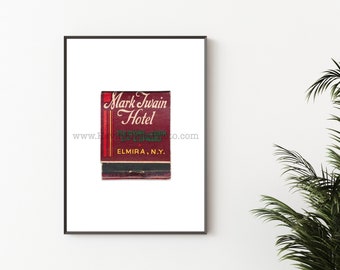 Vintage New York Matchbook Art Print - Vintage Motel Print - Unframed Wall Art Print - MARK TWAIN Hotel, Elmira, NY