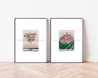 Edgewater Beach Hotel, Chicago - Set of 2 Unframed Photography Prints, Vintage Matchbook Wall Art, Modern Chicago Artwork