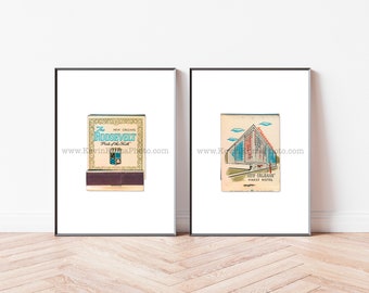 Vintage New Orleans Hotel Art, Set of 2 Vintage Matchbook Prints - Unframed Art Print - Roosevelt Hotel, NOLA, Sazerac Bar