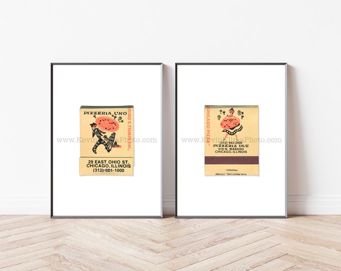 Vintage Chicago Art - Set of 2 Matchbook Prints - Unframed Wall Art Print - Pizzeria Uno, Pizzeria Due, Chicago Style Stuffed Pizza