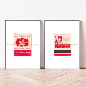 KING ARTHUR&#39;S PUB, Chicago - Vintage Chicago Art, Set of 2 Vintage Unframed Matchbook Prints - Modern Minimalist Print