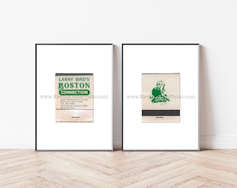 LARRY BIRD'S Boston Connection, Vintage Terre Haute, Indiana Art - Set of 2 Unframed Matchbook Prints - Kitchen Bar Decor - Boston Celtics