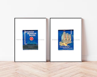 Vintage Philadelphia Art - Set of 2 Vintage Matchbook Prints - Benjamin Franklin Hotel - Modern Minimalist Wall Art Print - Unframed