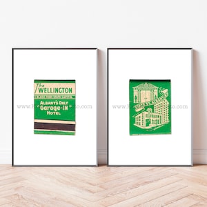 Vintage ALBANY, New York Art, 2er-Set ungerahmte Streichholzbriefchen - moderner minimalistischer Wandkunstdruck - The Wellington Hotel, Albany, NY