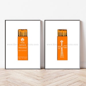 Vintage Seattle Art - Set of 2 - Matchbook Prints - Unframed Wall Art Prints - Space Needle Restaurant, Seattle, Washington