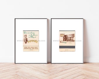 May include: Two vintage matchbook covers for Pippin's Restaurant. The first cover features a cartoon illustration of a child with the text "You're as welcome as the flowers in May at Pippin's. Open for lunch daily sandwiches and pizza." The second cover features a line drawing of the restaurant building.
