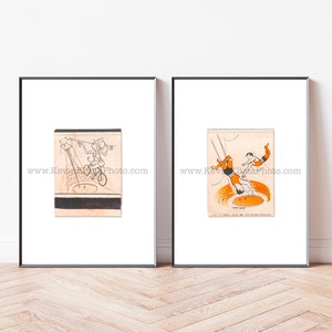 CIRCUS ACTS - Set of 2 Matchbook Prints, Unframed Wall Art Prints - High-Wire Balance, Trapeze Artists