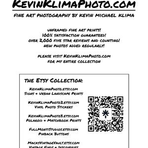 May include: A white informational card with black text featuring the website KEVINKLIMAPHOTO.COM and the heading FINE ART PHOTOGRAPHY BY KEVIN MICHAEL KLIMA. It lists various Etsy collections and includes a black and white QR code on the right side.