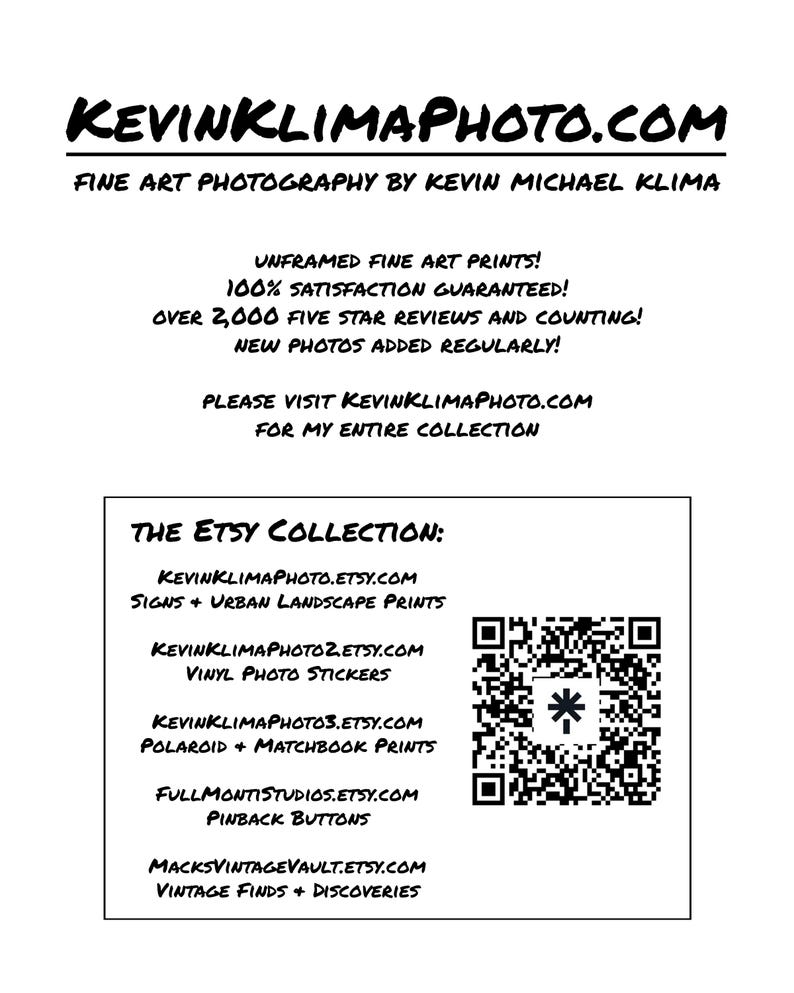 May include: A white informational card with black text featuring the website KEVINKLIMAPHOTO.COM and the heading FINE ART PHOTOGRAPHY BY KEVIN MICHAEL KLIMA. It lists various Etsy collections and includes a black and white QR code on the right side.