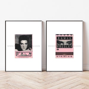 May include: Two framed prints of vintage Elvis Presley matchbook covers. The left print features a black and white photo of Elvis Presley with the text "Elvis" in pink. The right print features a close-up of Elvis Presley's eyes with the text "Elvis Presley" in black and "Striking" in black.