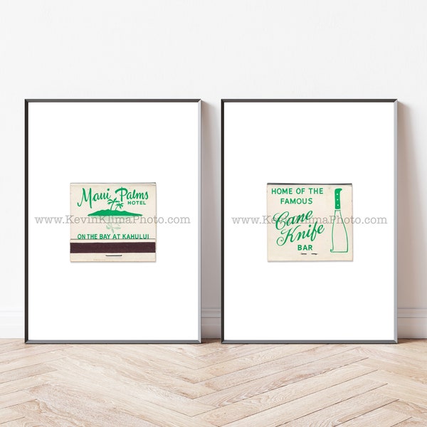 MAUI PALMS HOTEL, Cane Knife Bar - Set of 2 Matchbook Prints - Unframed Wall Art Print - Maui, Hawaii Resort Art Print, Kahului Bay