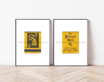Vintage ANN ARBOR, Michigan Art - Set of 2 Old Restaurant Bar Matchbook Prints - Unframed Wall Art Prints - The Pretzel Bell