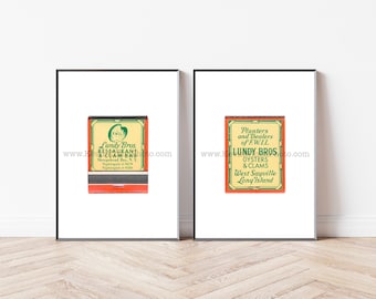 Vintage New York Art, Set of 2 Unframed Matchbook Prints - Modern Minimalist Wall Art - LUNDY BROTHERS RESTUARANT, Sheepshead Bay, Brooklyn