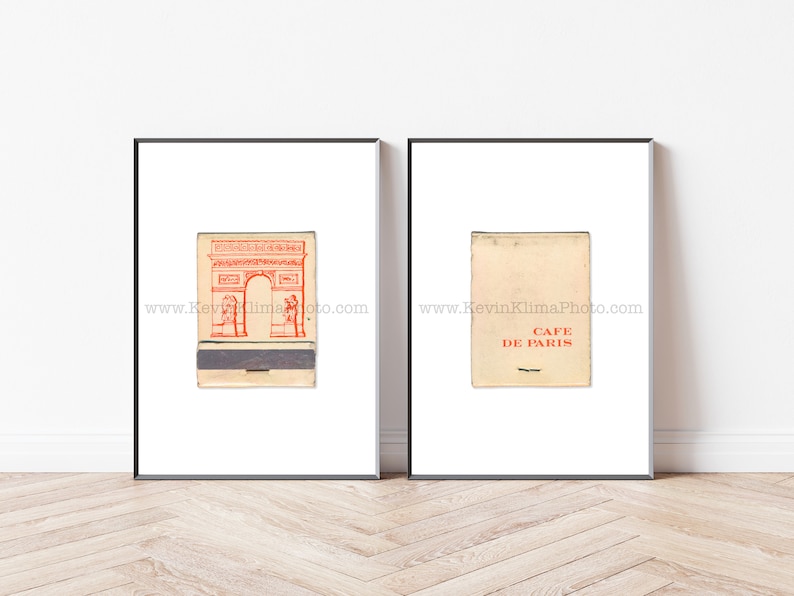 Vintage Paris Art, Set of 2 Vintage Matchbook Prints Unframed Wall Art Print Kitchen Decor, Cafe de Paris, Paris France, French Kitchen image 1