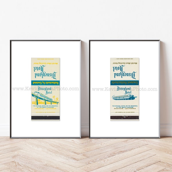 Vintage Disneyland Hotel Art - Set of 2 - Old Matchbook Prints - Wall Art Print - Disney Decor - Anaheim, California - Disney Monorail